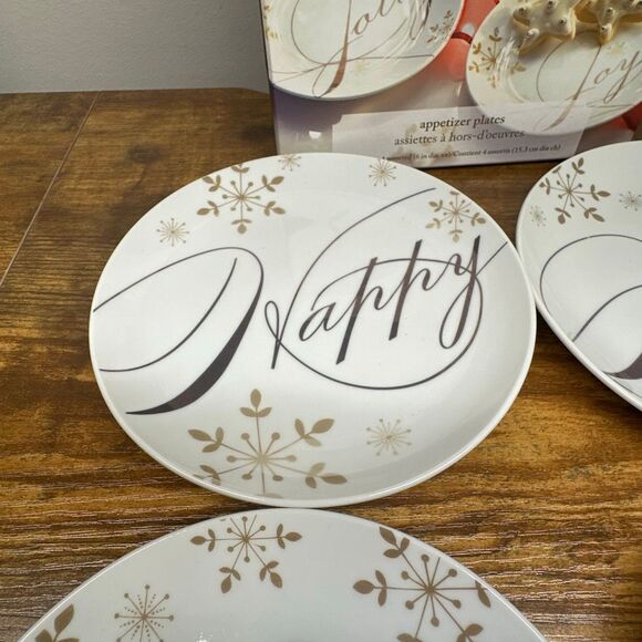Pier 1 Imports appetizer plates Holiday Wishes set of 4 Original Box Porcelain - Picture 5 of 9